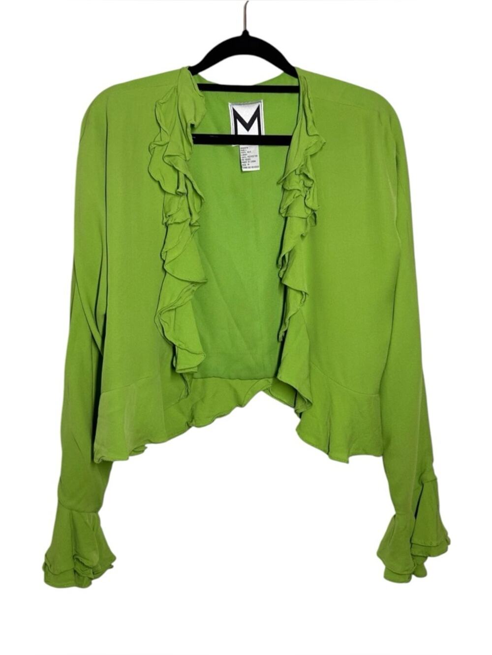 Vintage Marc Bouwer Bright Green Silk Ruffle Long Sleeve Open Top - Medium